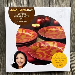 Rachael Ray 4 Piece Salad Plate Stoneware‎ Gold Scroll Cranberry Red 8" Dinner